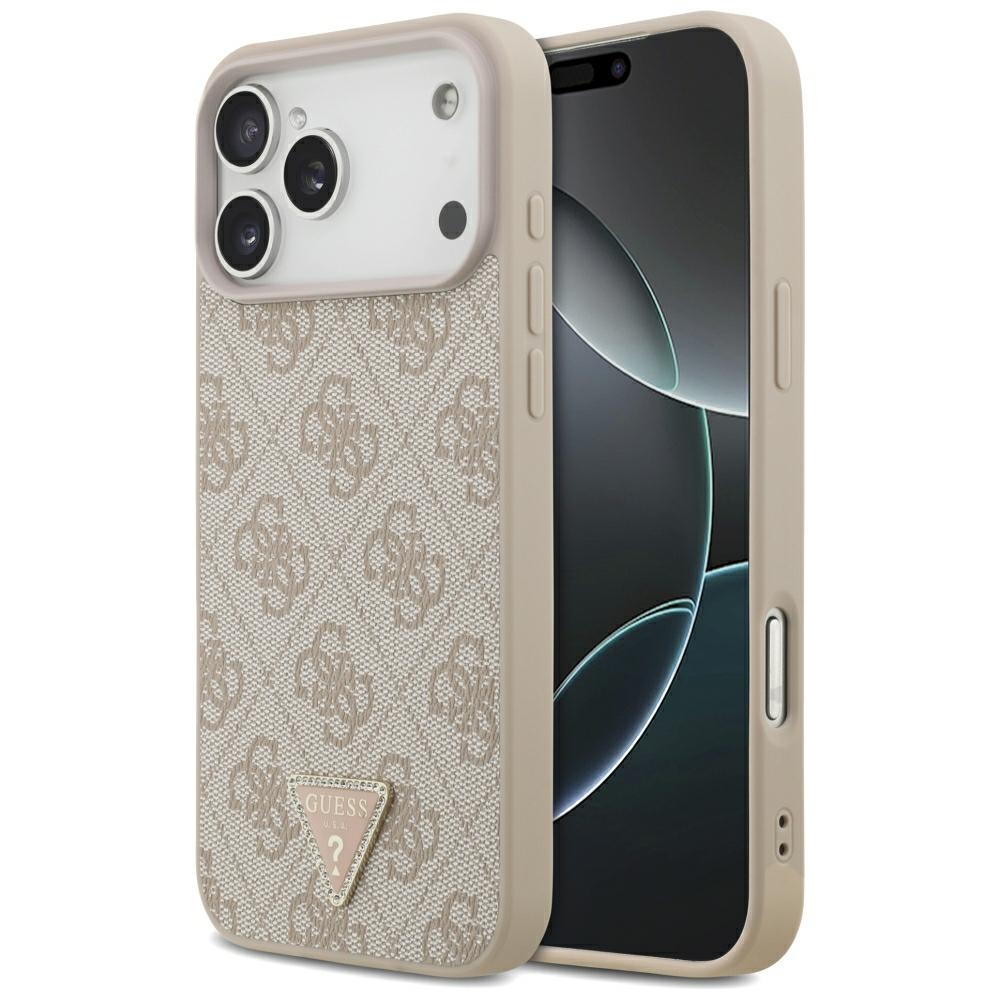 Guess Leather 4G Triangle Strass MagSafe maciņš modelim iPhone 17 Pro Max / 18 Pro Max – rozā