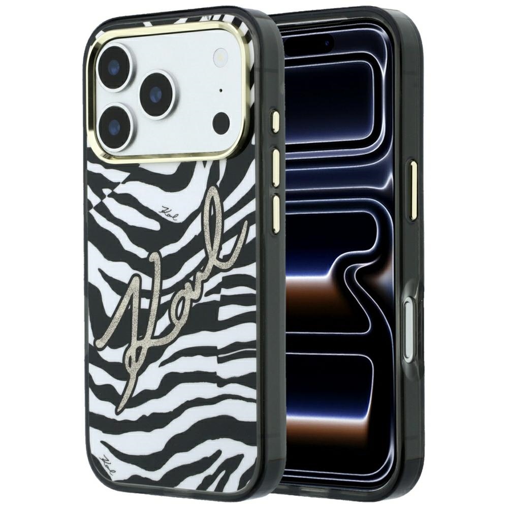 Karl Lagerfeld IML Signature Zebra Glitter MagSafe maciņš modelim iPhone 17 Pro / 18 Pro – zelta krāsā