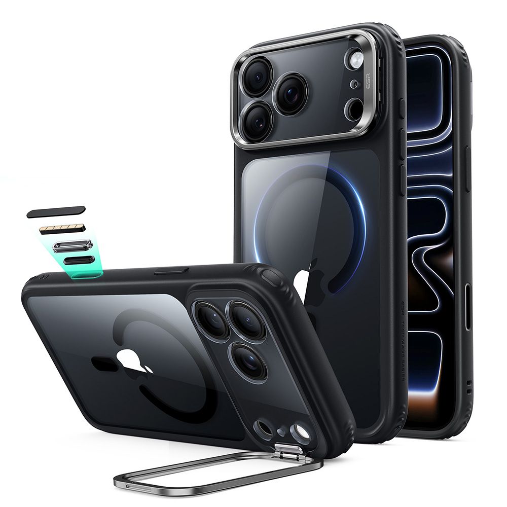 ESR Classic Hybrid Kickstand MagSafe maciņš, paredzēts iPhone 18 Pro / 17 Pro, caurspīdīgs melns