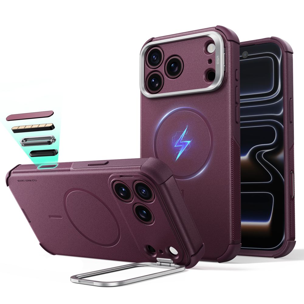 ESR Cyber Tough Kickstand MagSafe maciņš, paredzēts iPhone 18 Pro Max / 17 Pro Max, tumšā ķiršu krāsā