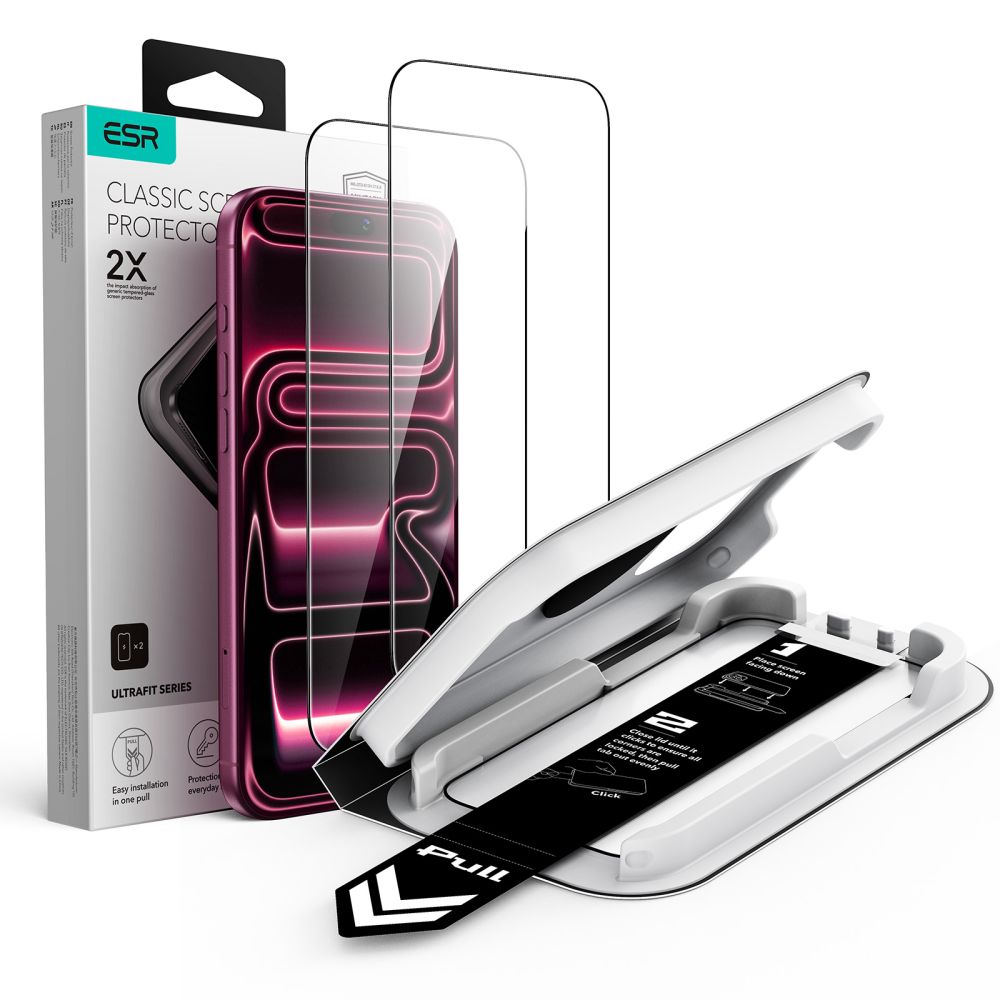ESR UltraFit Classic 2 rūdītu stiklu komplekts, paredzēts iPhone 18 Pro / 17 Pro, melns