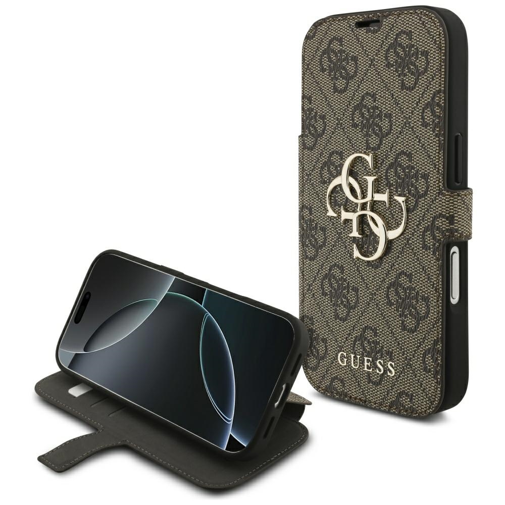 Guess Book 4G Metal Logo atverams maciņš iPhone 18 Pro / 17 Pro, brūns