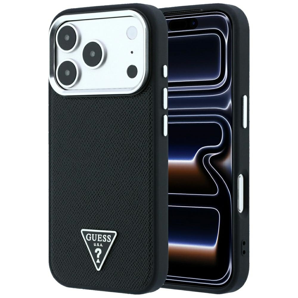 Guess Grained Triangle Logo MagSafe maciņš iPhone 17 Pro / 18 Pro, melns