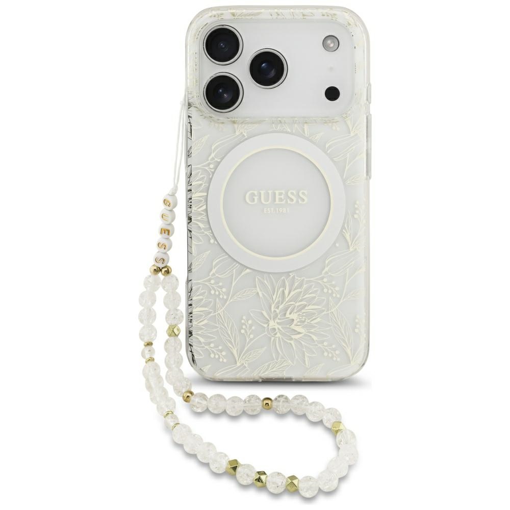 Guess IML Flowers Allover Electroplated MagSafe maciņš ar pērļu siksniņu modelim iPhone 18 Pro / 17 Pro – krāsa: balta