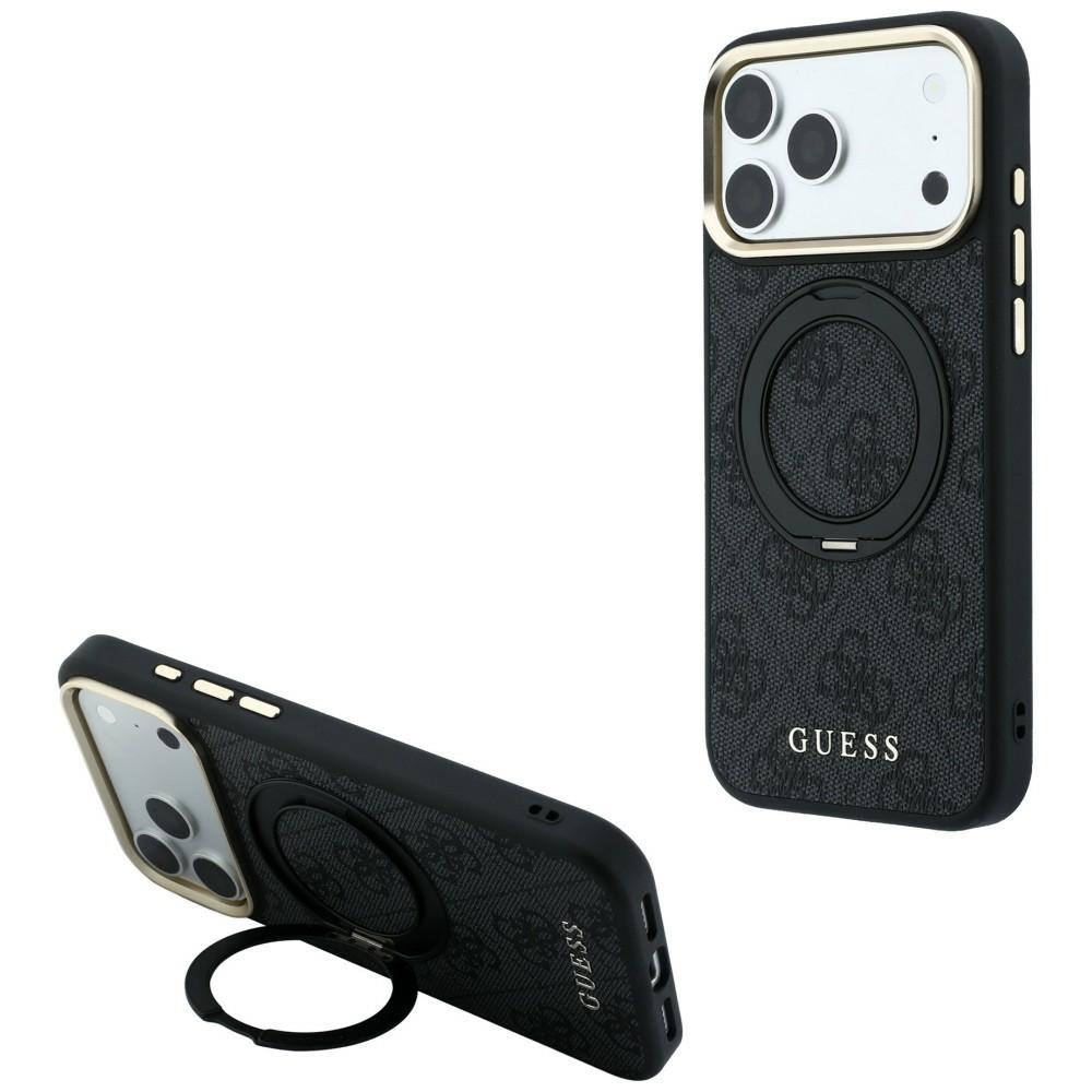 Guess Ring Stand 360 4G Classic Logo MagSafe maciņš, paredzēts iPhone 17 Pro Max / 18 Pro Max, melns