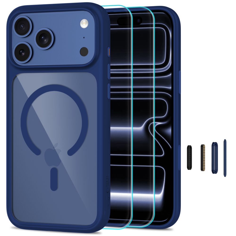 Tech-Protect MagOne MagSafe CC maciņš ar 2 rūdītiem stikliem, paredzēts iPhone 18 Pro Max / 17 Pro Max, caurspīdīgs tumši zils