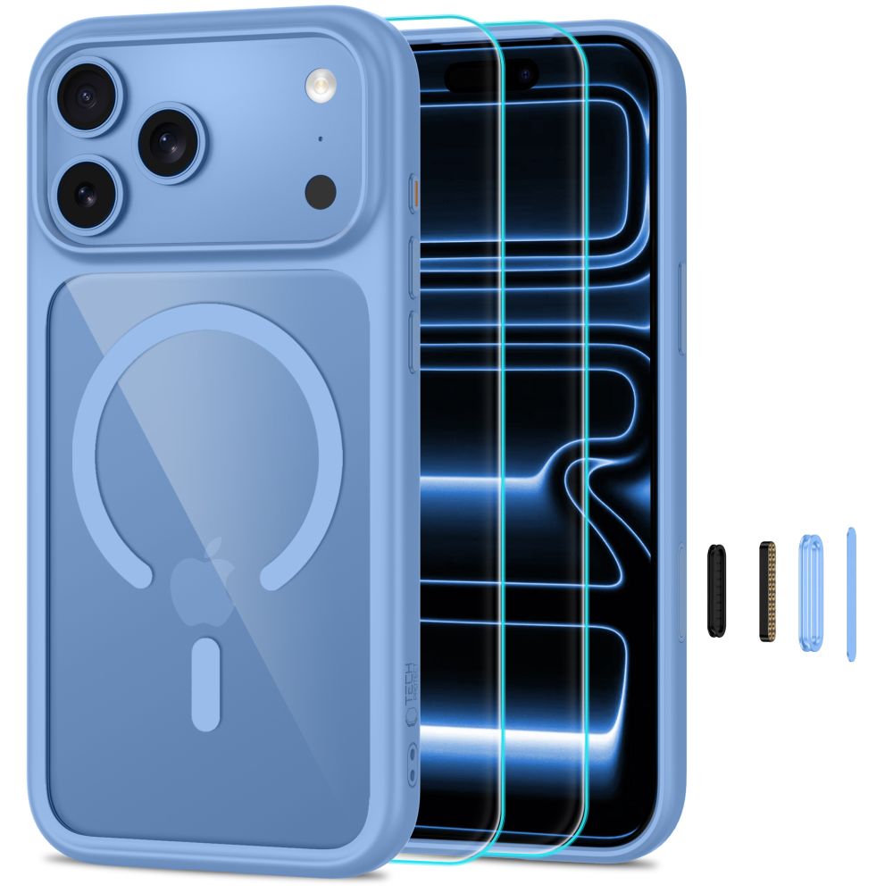 Tech-Protect MagOne CC MagSafe maciņš ar 2 rūdītiem stikliem, paredzēts iPhone 18 Pro / 17 Pro, caurspīdīgs zils