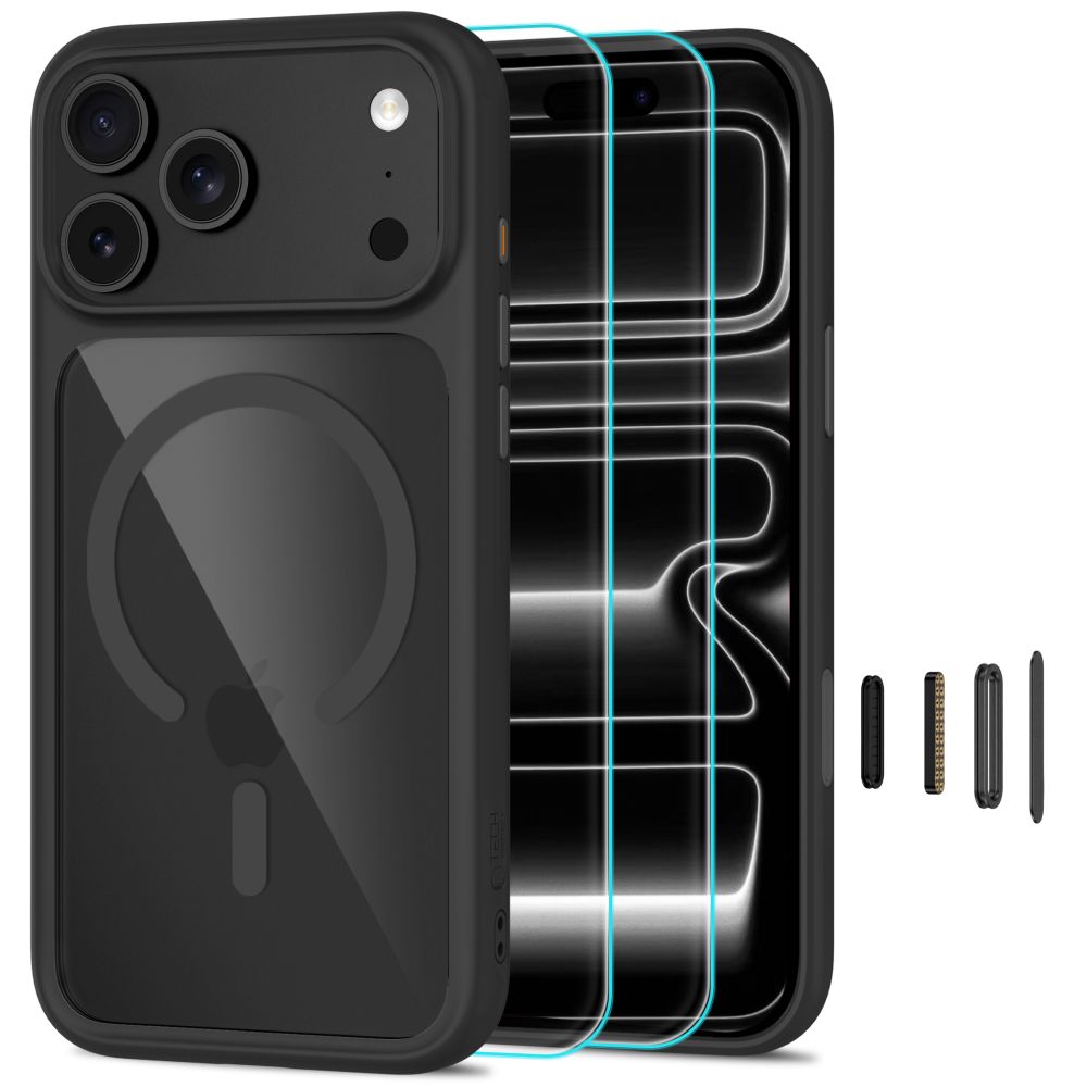 Tech-Protect MagOne CC MagSafe maciņš ar 2 rūdītiem stikliem, paredzēts iPhone 18 Pro Max / 17 Pro Max, caurspīdīgs melns