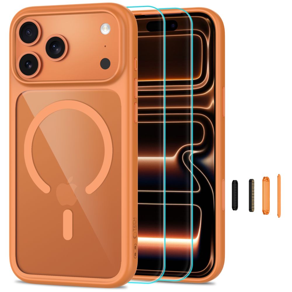 Tech-Protect MagOne CC MagSafe maciņš ar 2 rūdītiem stikliem, paredzēts iPhone 18 Pro Max / 17 Pro Max, caurspīdīgs oranžs