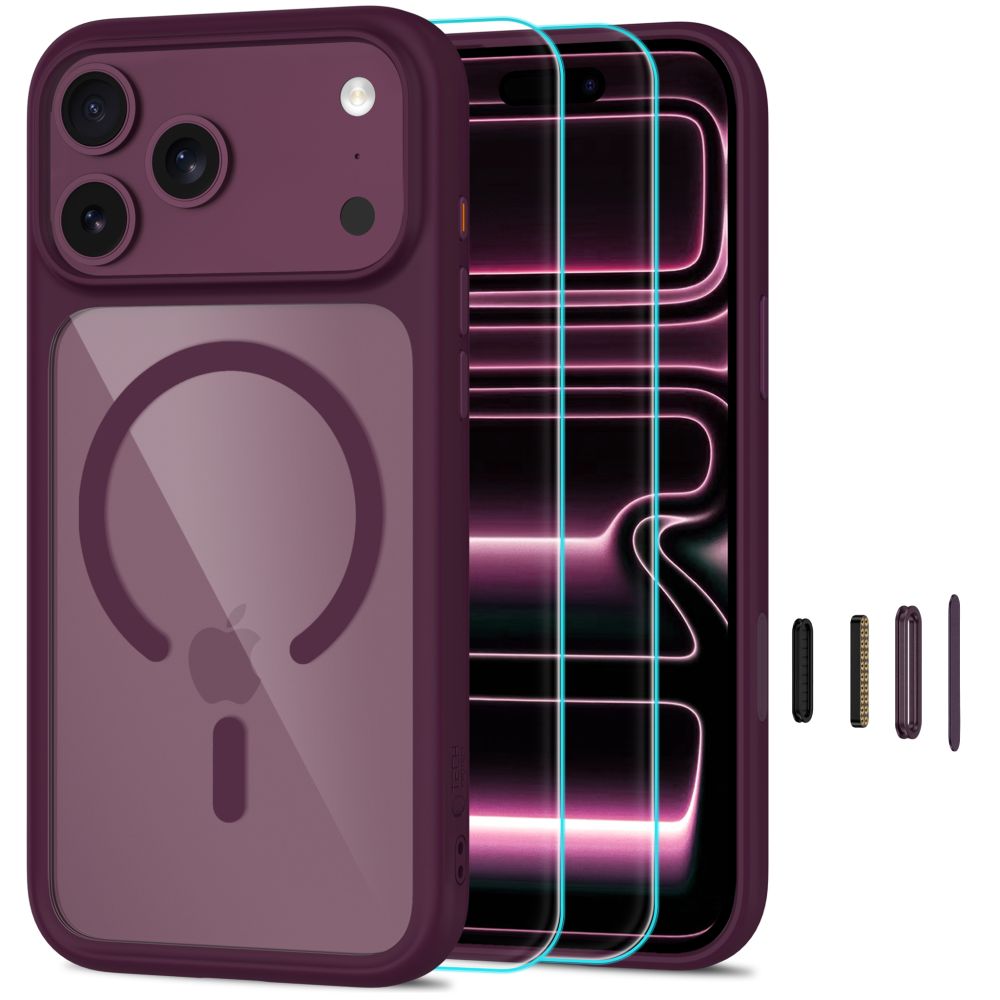 Tech-Protect MagOne CC MagSafe maciņš ar 2 rūdītiem stikliem, paredzēts iPhone 18 Pro Max / 17 Pro Max, caurspīdīgs bordo