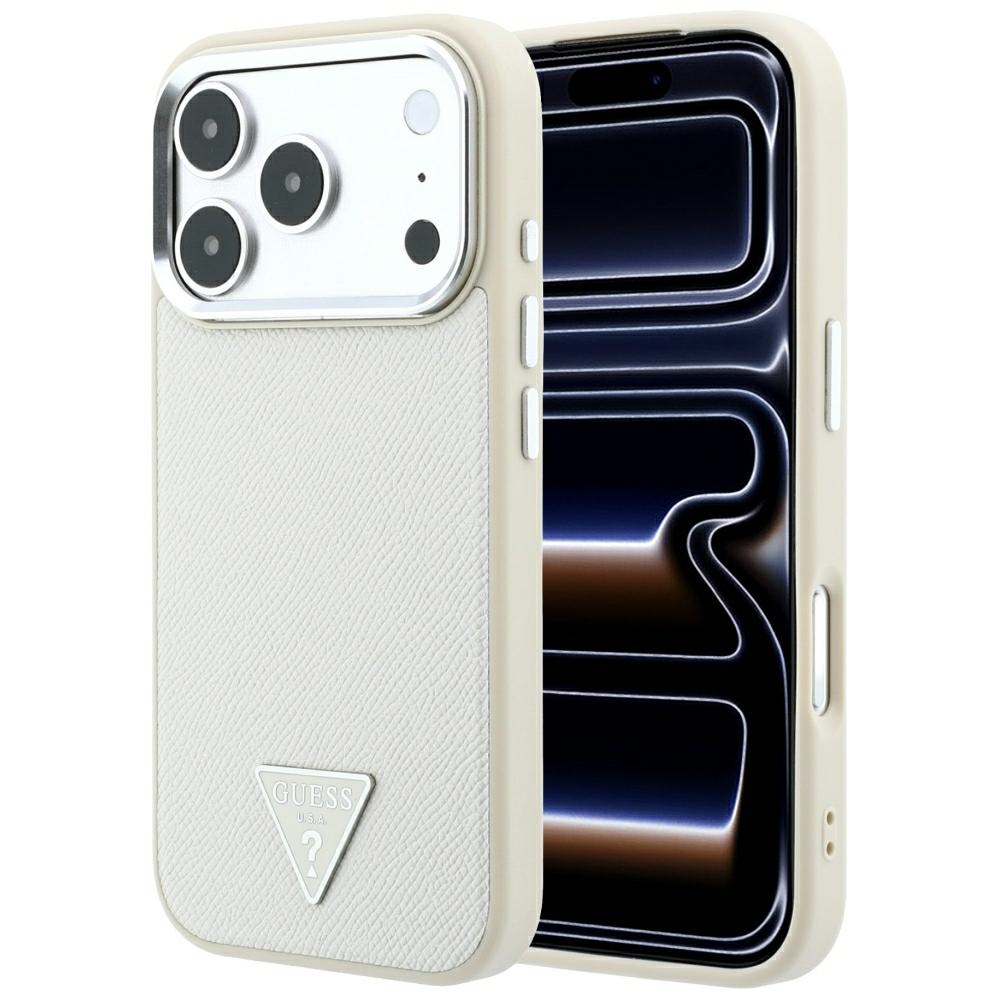 Guess Grained Triangle Logo MagSafe vāciņš iPhone 18 Pro / 17 Pro – bēšs
