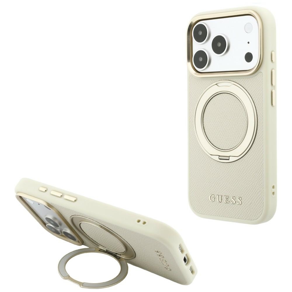 Guess Ring Stand 360 Grained Classic Logo MagSafe vāciņš iPhone 18 Pro Max / 17 Pro Max – bēšs