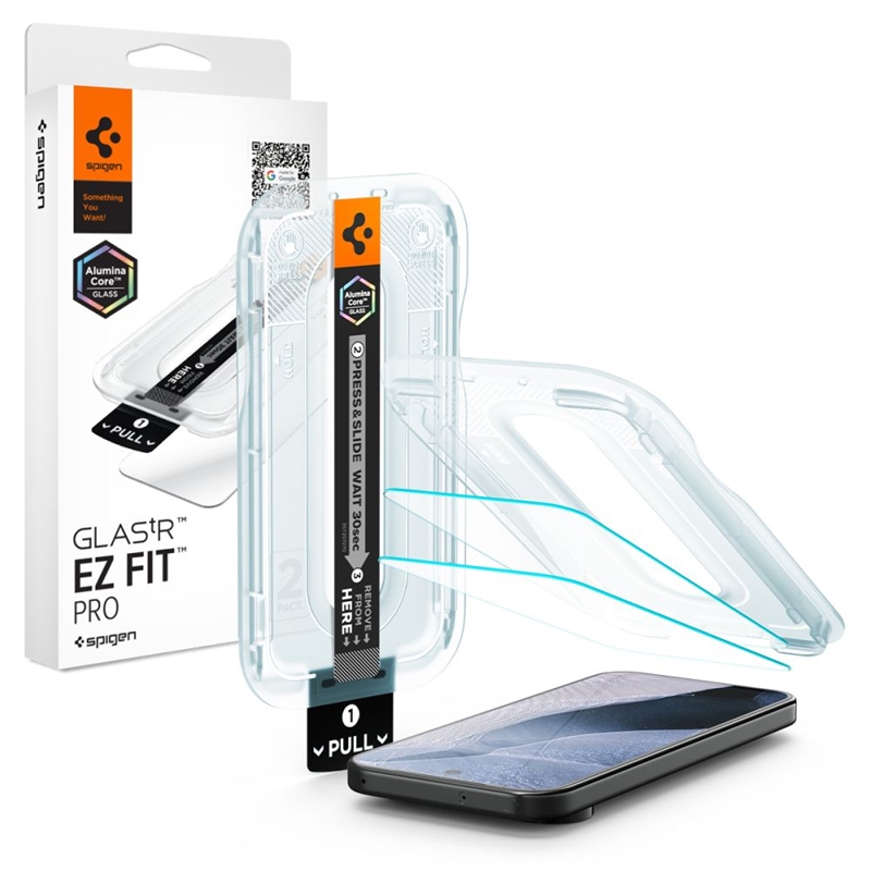 Spigen Glas.tR EZ Fit Pro AC 2-Pack rūdīto aizsargstiklu komplekts Google Pixel 11 / 11 Pro tālruņiem (2 gab.)