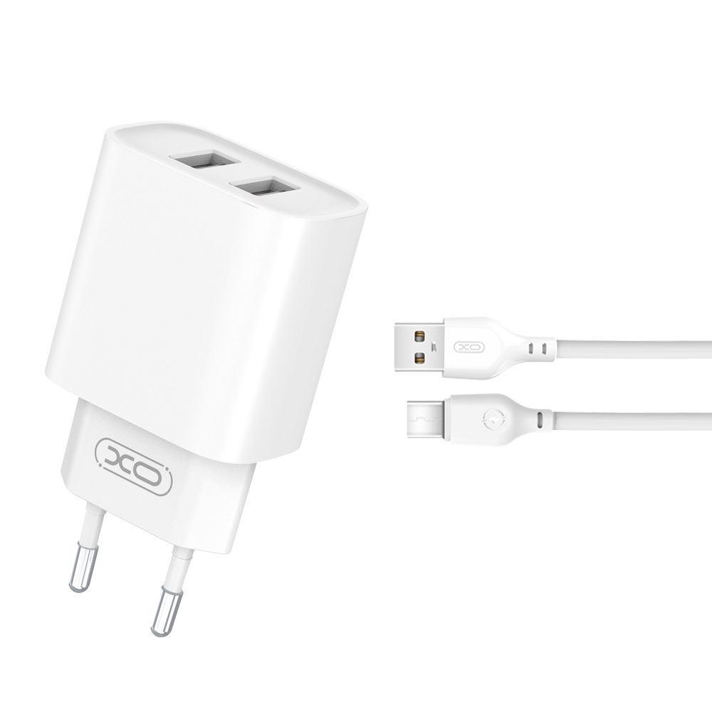 XO sienas lādētājs CE02C 2x USB 2,1A, balts + USB-C kabelis