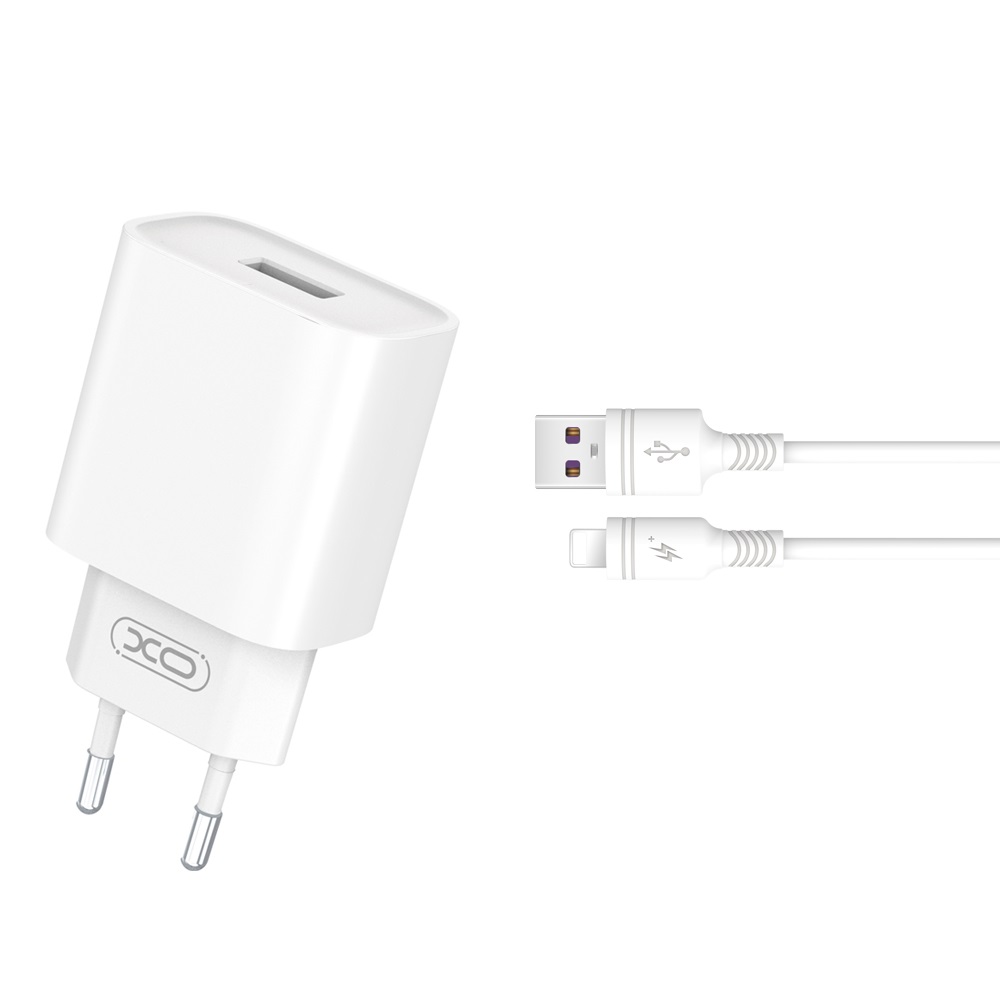 XO sienas lādētājs CE02D QC 3.0 18W 1x USB, balts + Lightning kabelis