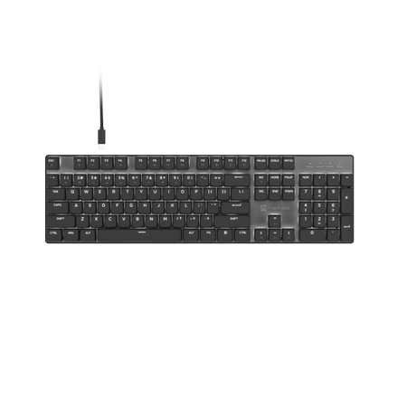 Natec Amberjack tastatūra, vadu, US, lineāri slēdži, balts fona apgaismojums, Hot-swap slēdži, Anti-ghosting, iebūvēta atmiņa, makro ierakstīšana, Melns/Pelēks