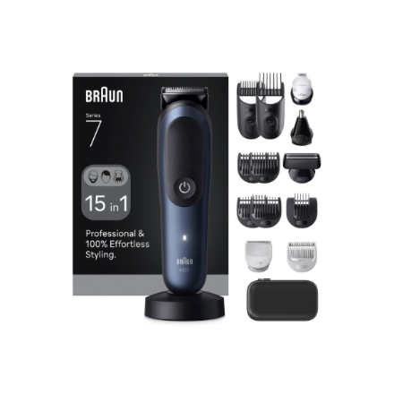 Braun Matu trimeris All-in-One Series 7 AIO7580 Bezvadu Mitrai un sausai lietošanai Garuma soļu skaits 14 Zils/Melns