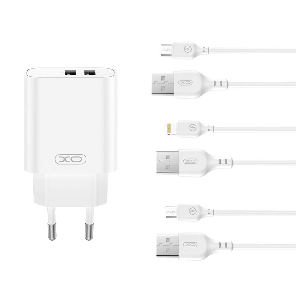 XO sienas lādētājs CE34 2x USB 2,4A, balts + USB-C kabelis