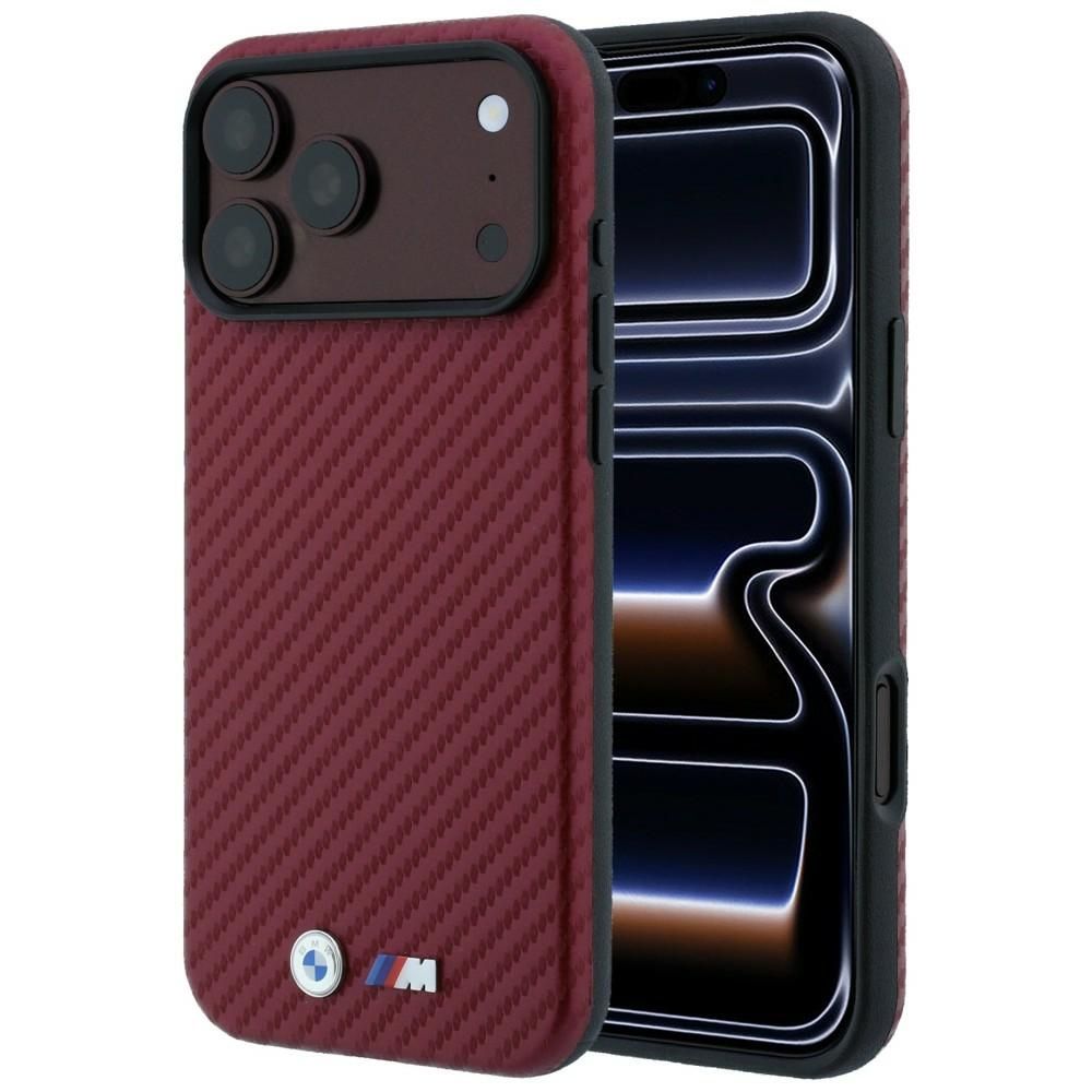 BMW aizsargvāciņš ierīcei iPhone 18 Pro / 17 Pro: (Carbon Metal Logo), saderīgs ar MagSafe, krāsa – bordo