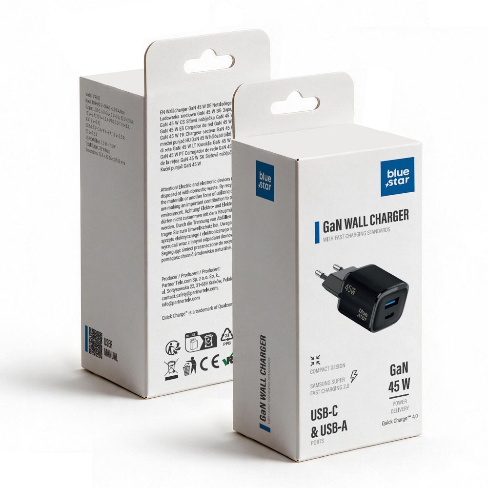 Blue Star Nano GaN VT-334 tālruņa lādētājs, USB-C + USB-A, QC4.0, PD, 3 A, 45 W, melns