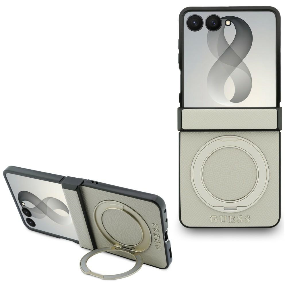 Bēšs Guess Magnetic Ring Stand Grained Classic Logo MagSafe vāciņš Samsung Galaxy Z Flip8