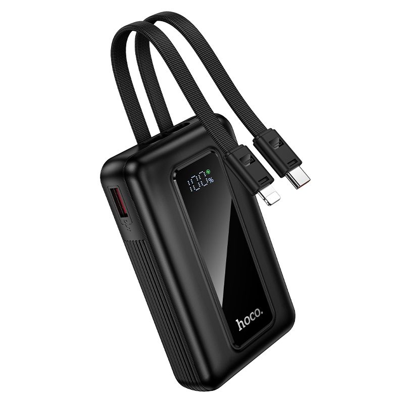 Hoco J162 ārējais akumulators ar iebūvētiem USB-C un Lightning kabeļiem, 10000 mAh, QC, PD, 22,5 W, melns