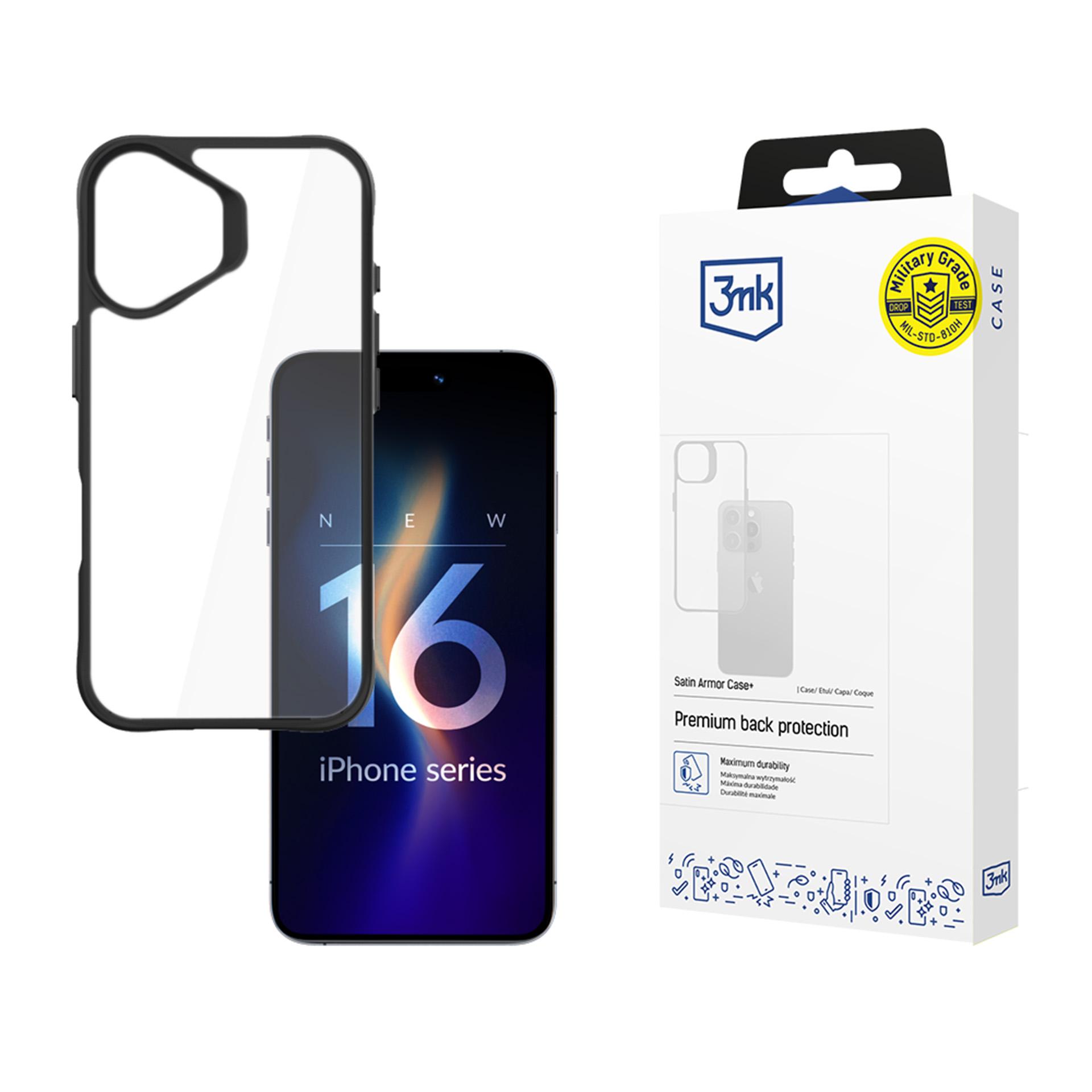 3mk Satin Armor Apvalks+ viedtālrunim iPhone 16 Plus - caurspīdīgs ar melnu rāmi
