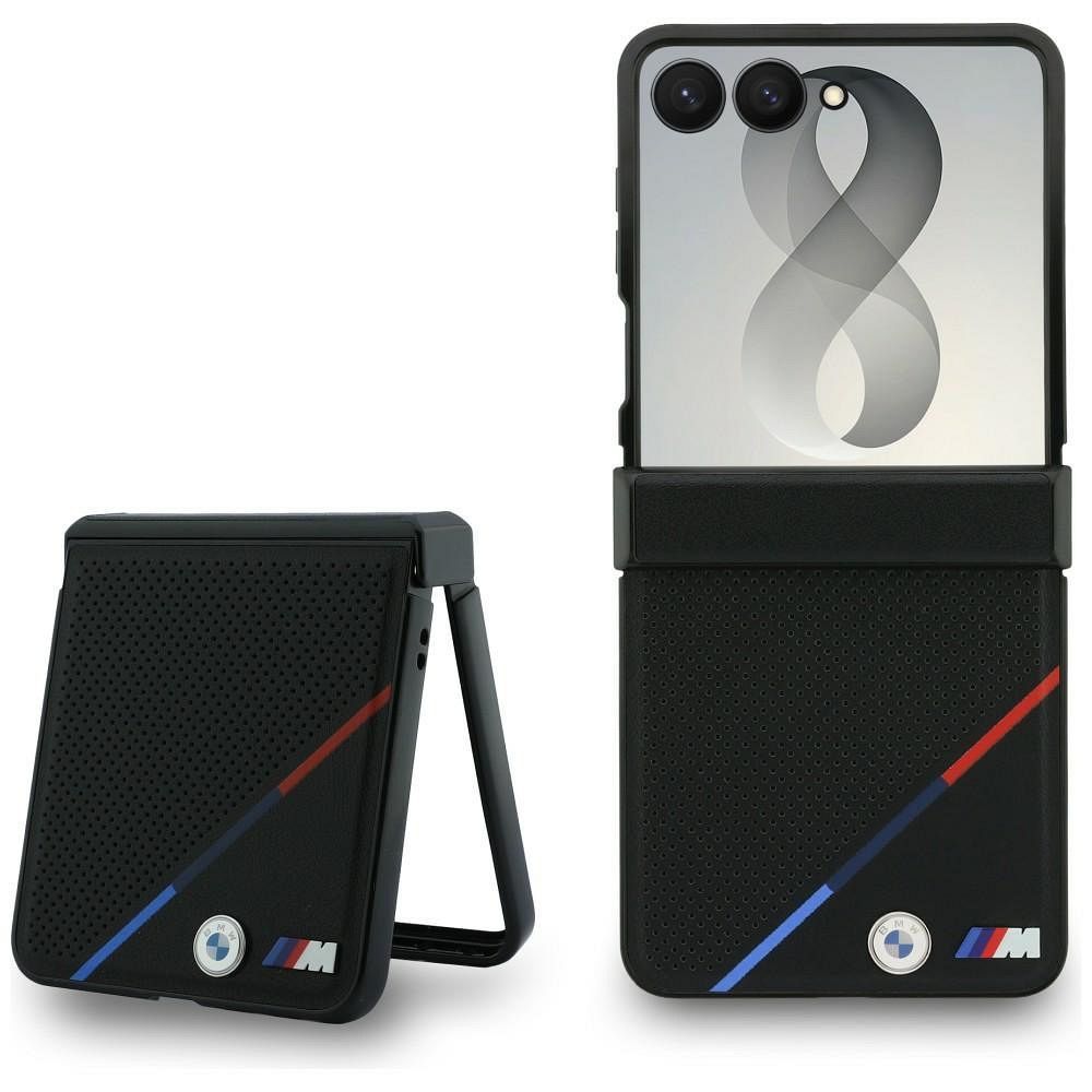 Melns BMW M Leather Perforated Tricolor Stripe Metal Logos vāciņš ar MagSafe Samsung Galaxy Z Flip8 tālrunim