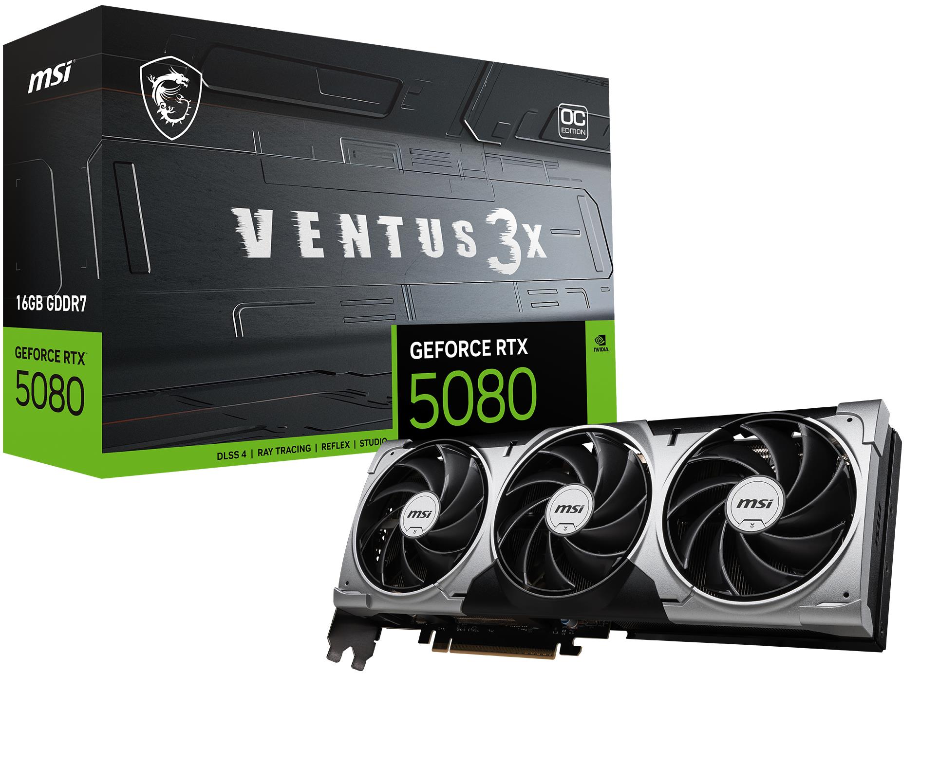 MSI GeForce RTX 5080 16G Ventus 3X OC videokarte (RTX_5080_16G_VENTUS_3X_OC_BLACK) ar 16 GB atmiņu, melna