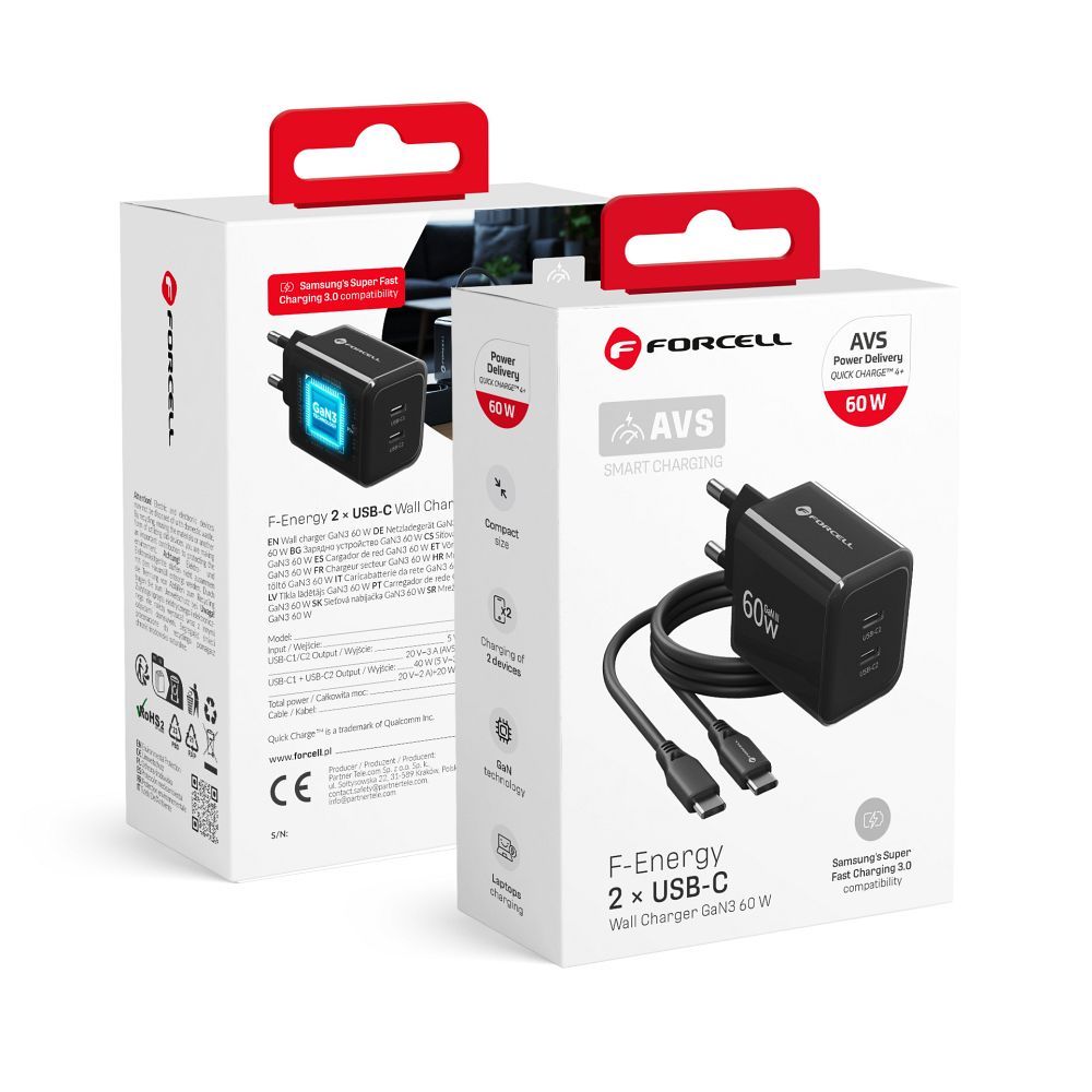 Forcell F-Energy GaN III Crystal Color VT-60 tālruņa lādētājs, 2 × USB-C, AVS, SSFC3.0, 60 W, ar silikona USB-C–USB-C kabeli, melns