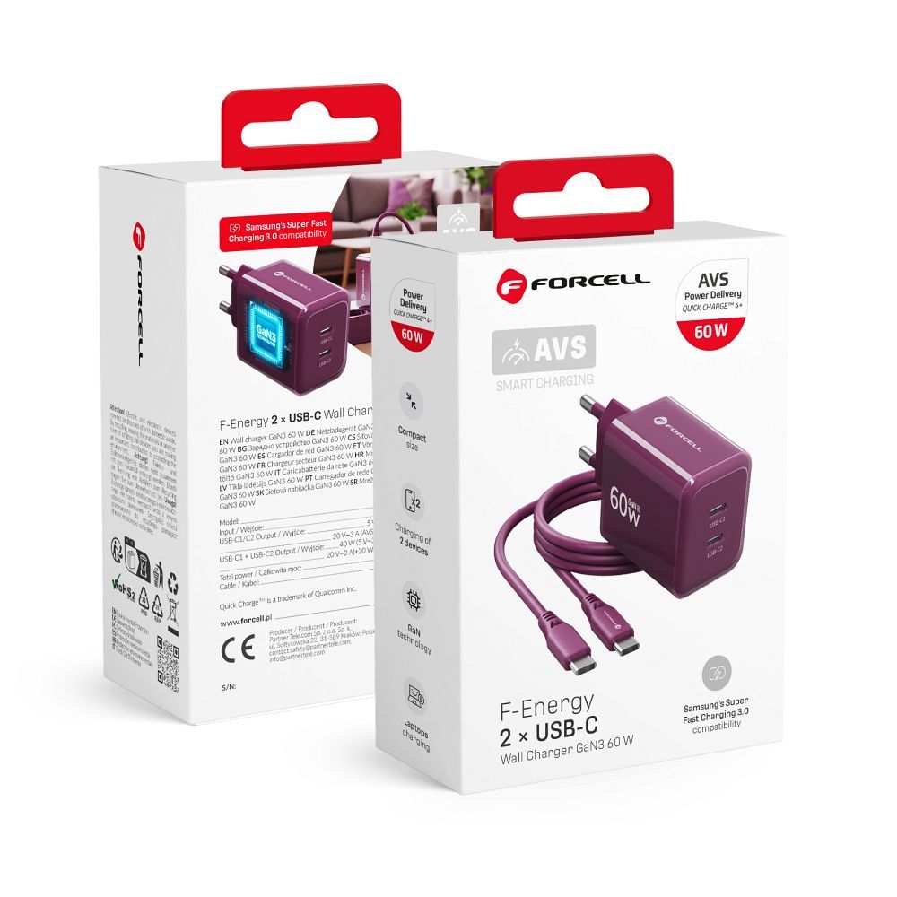 Bordo krāsas 60 W sienas lādētājs Forcell F-Energy GaN III Crystal Color VT-60, 2 × USB-C, AVS/PPS, ar 1 m 60 W silikona USB-C–USB-C kabeli