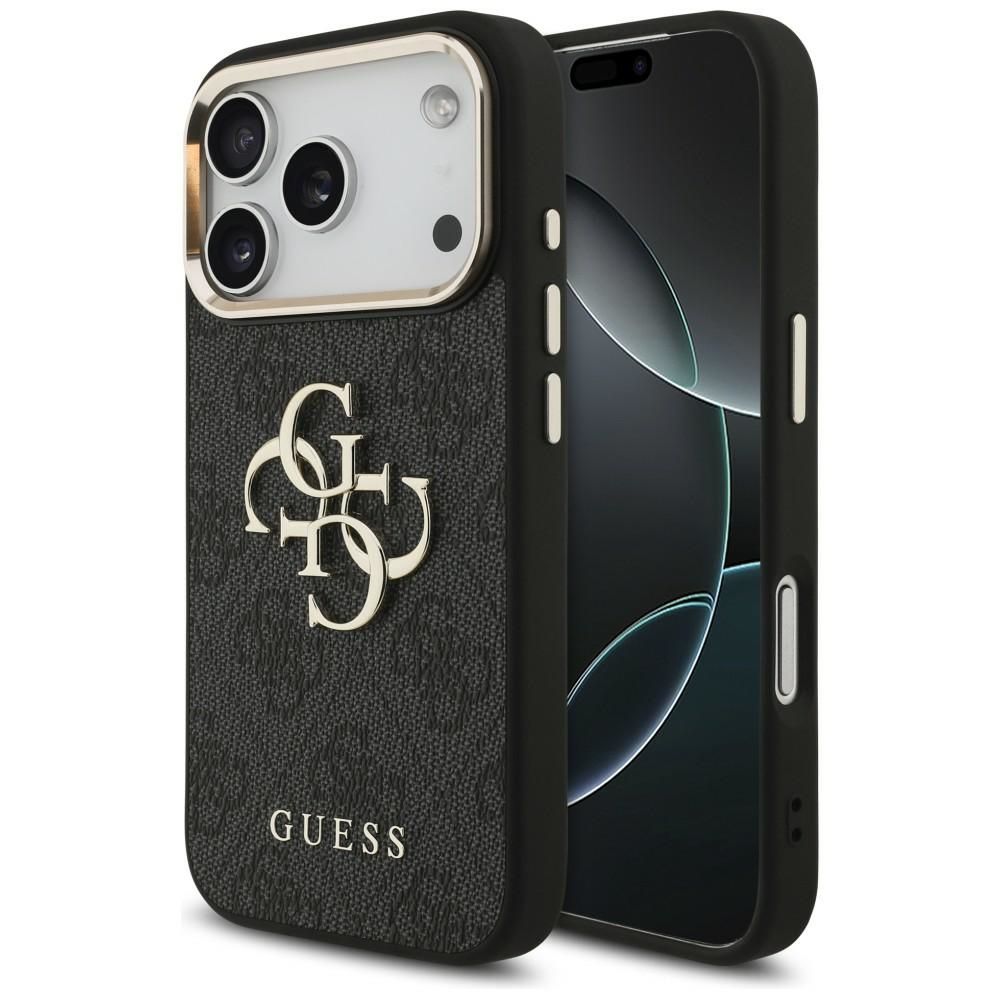 Guess PU Leather 4G Metal Logo Gold Frame vāciņš Apple iPhone 18 Pro, melns