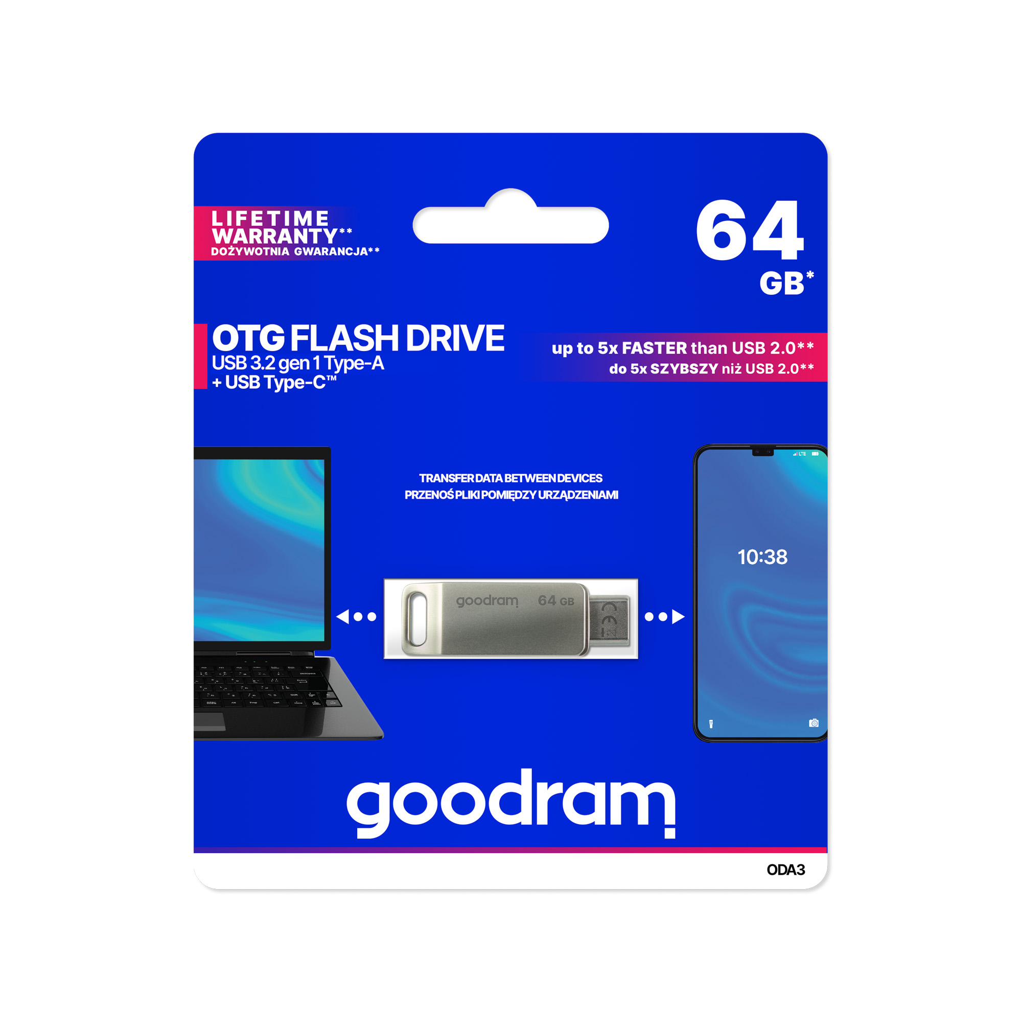 Goodram USB un USB-C zibatmiņa, 64 GB, sudraba
