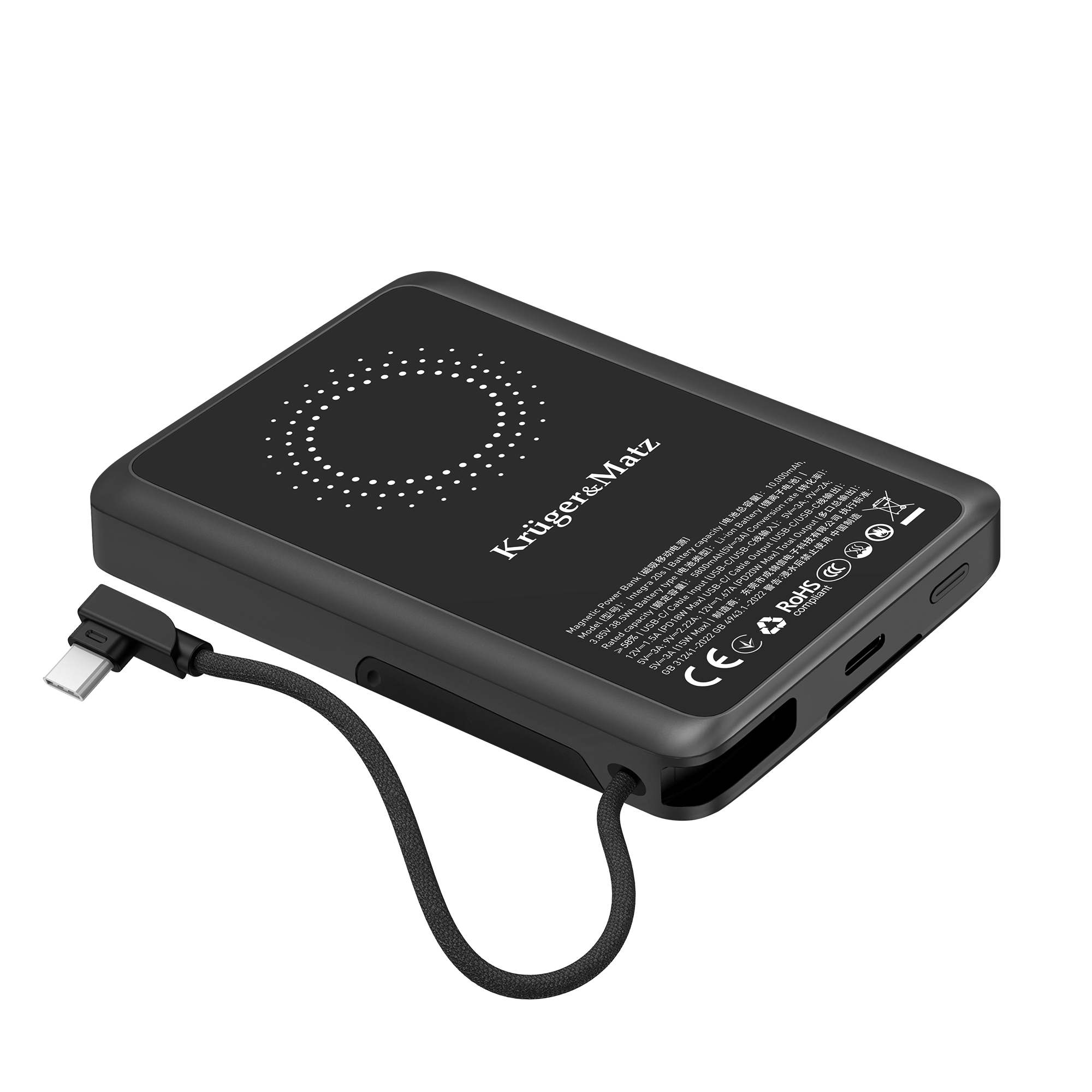 Kruger&Matz ārējais akumulators, 10000 mAh, Li-Polymer, QC un PD, CCC sertifikāts Āzijas valstīm
