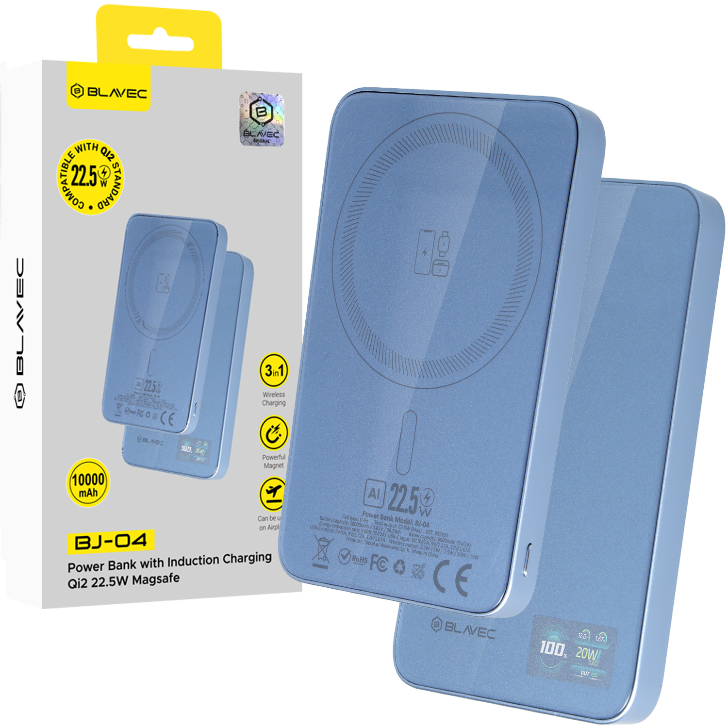 Blavec BJ-04 10000 mAh plāns magnētisks ārējais akumulators ar MagSafe, 13,5 mm, USB-C, 22,5 W, 3 vienā (PBBJ04-MC5LB) (krāsa: gaiši zila; stikla apdare)