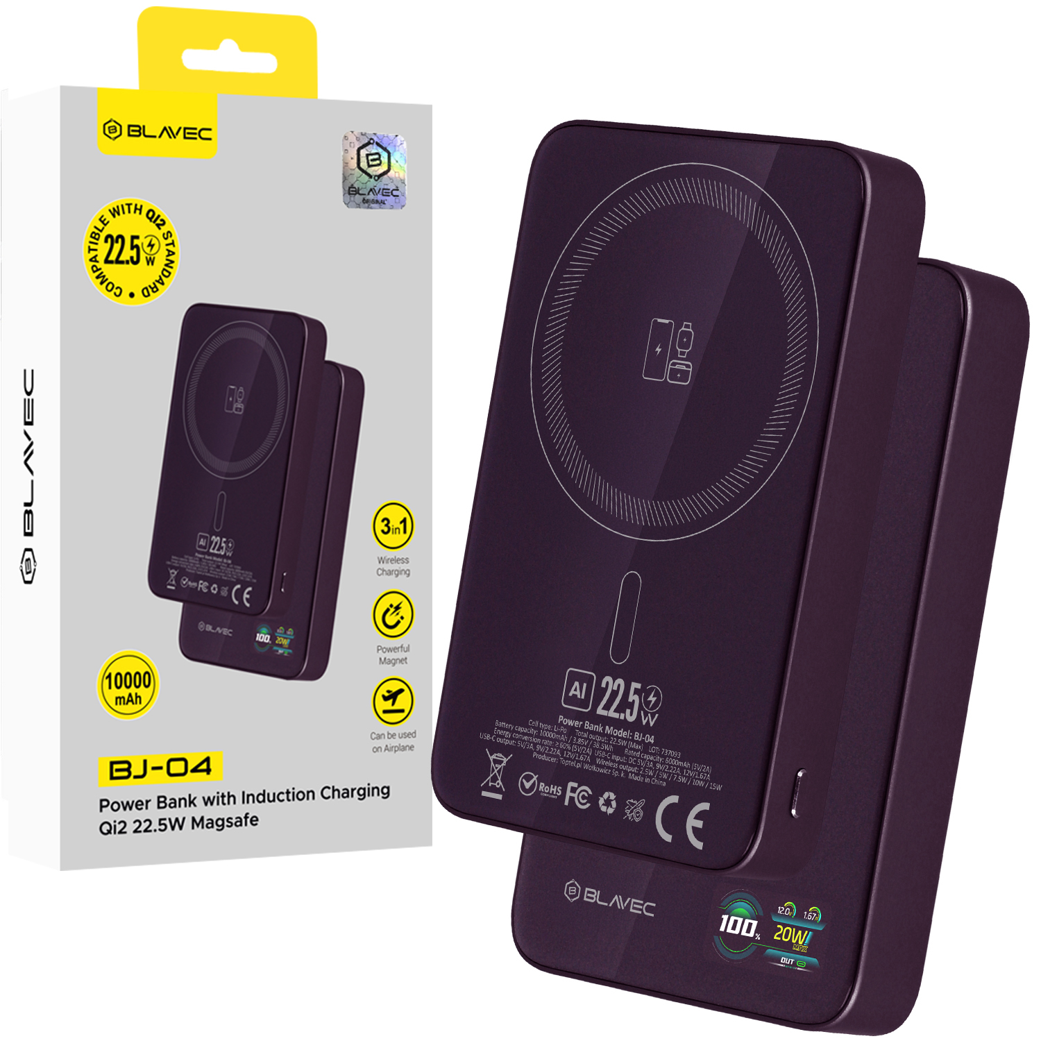 Blavec BJ-04 10000 mAh plāns magnētisks ārējais akumulators ar MagSafe, 13,5 mm, USB-C, 22,5 W, 3 vienā (PBBJ04-MC5P) (krāsa: violeta)
