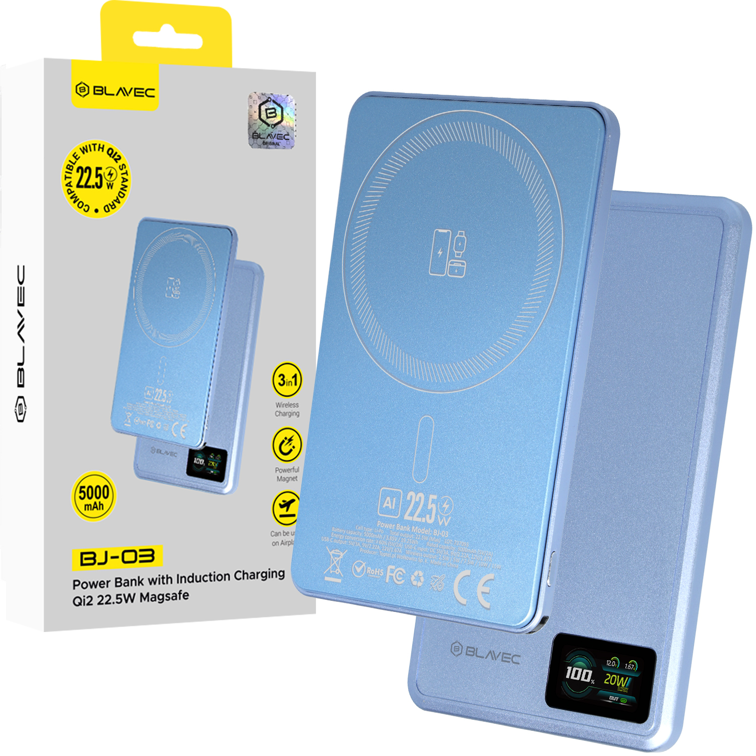 Blavec BJ-03 5000 mAh īpaši plāns magnētisks ārējais akumulators ar MagSafe, 7,8 mm, USB-C, 22,5 W, 3 vienā (PBBJ03-MC5LB) (krāsa: gaiši zila; alumīnija korpuss)