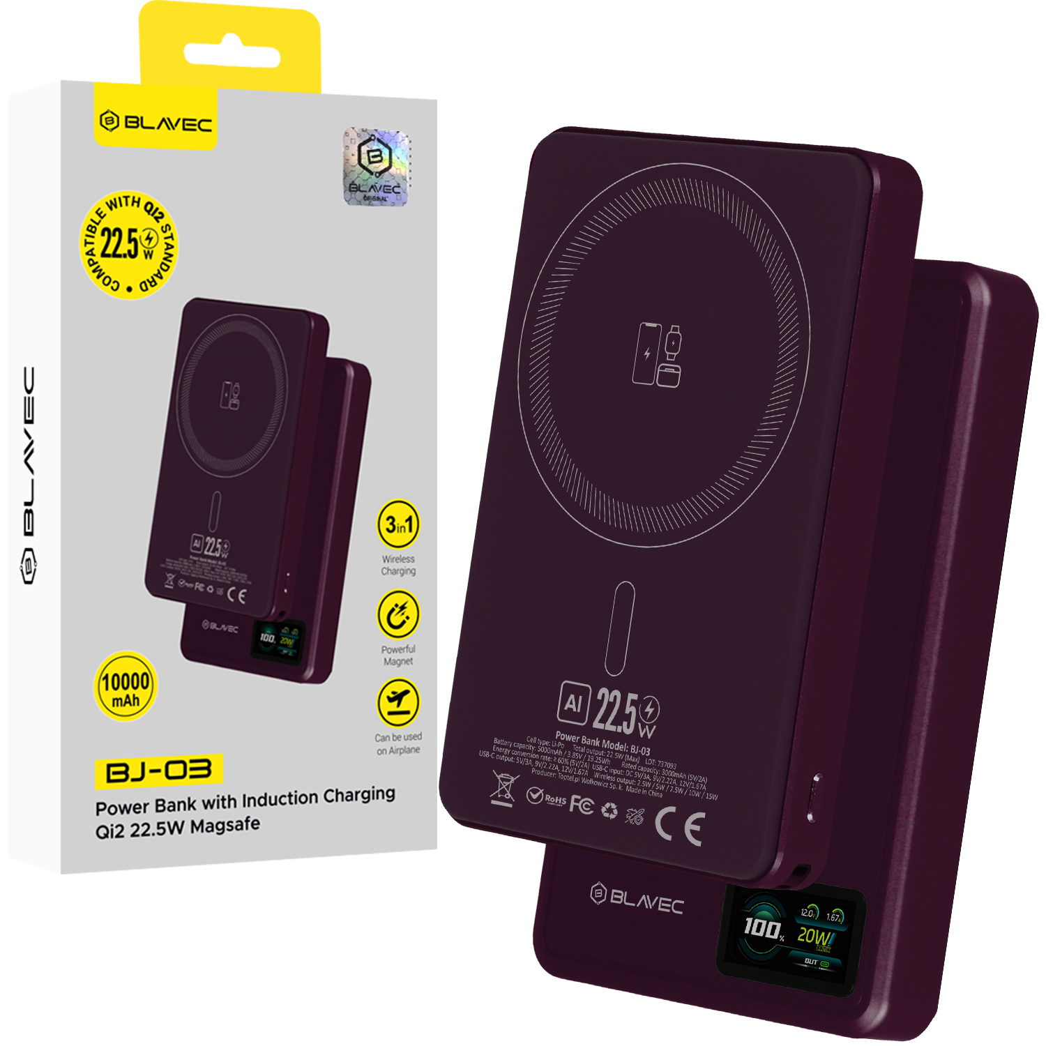 Blavec BJ-03 10000 mAh plāns magnētisks ārējais akumulators ar MagSafe, 13,5 mm, USB-C, 22,5 W, 3 vienā (PBBJ03-MC10P) (krāsa: violeta)