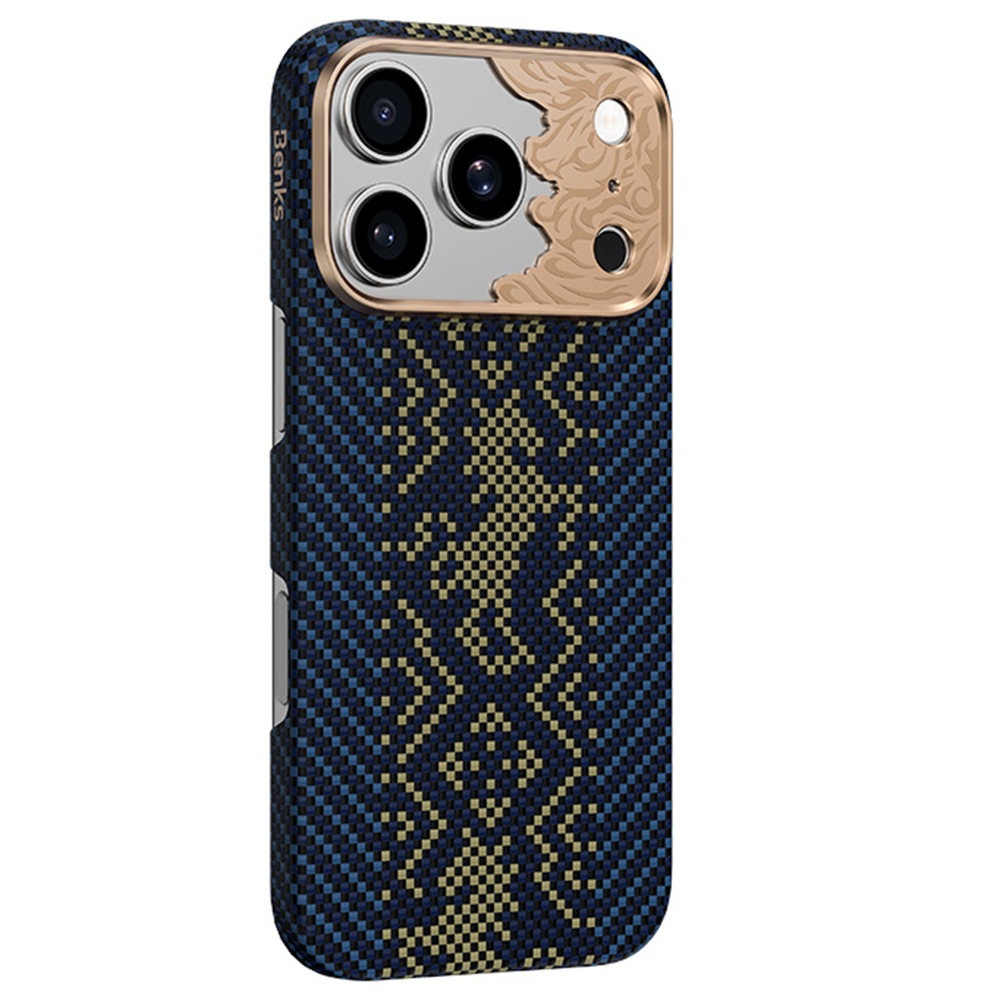 Zils Benks Magnetic Armor Air Knight kevlara vāciņš ar metāla rāmi (C.K.FL.AP.GD.C072), paredzēts iPhone 18 Pro / iPhone 17 Pro