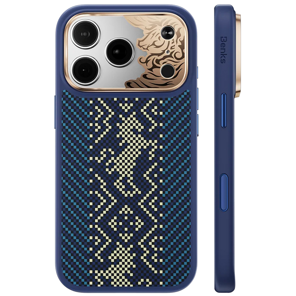 Zils Benks Magnetic Armor Pro Knight kevlara vāciņš ar metāla rāmi (C.K.FL.AP.GD.BC73), paredzēts iPhone 18 Pro Max / iPhone 17 Pro Max ar Camera Control pogu