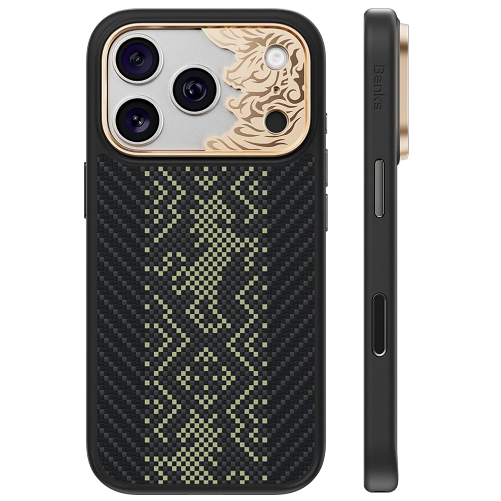 Melns Benks Magnetic Armor Pro Knight kevlara vāciņš ar metāla rāmi (C.K.FL.AP.GD.B072), paredzēts iPhone 18 Pro / iPhone 17 Pro ar Camera Control pogu