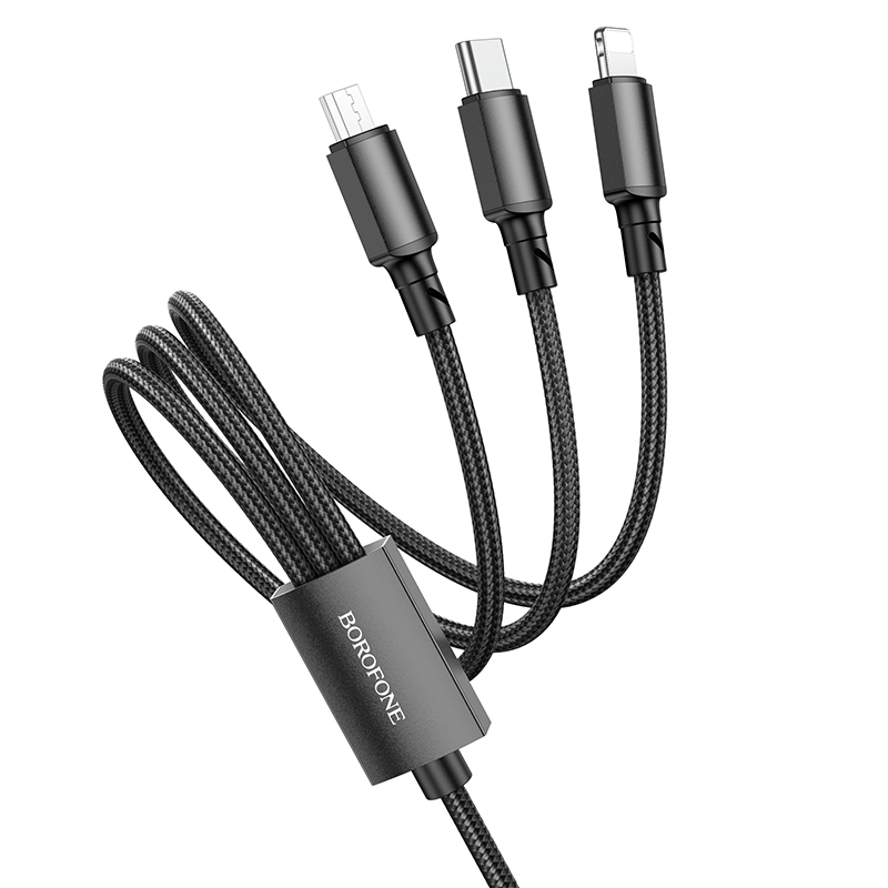 Melns Borofone BX72 3 vienā USB–USB-C / Micro-USB / Lightning kabelis, 2 A, 1 m