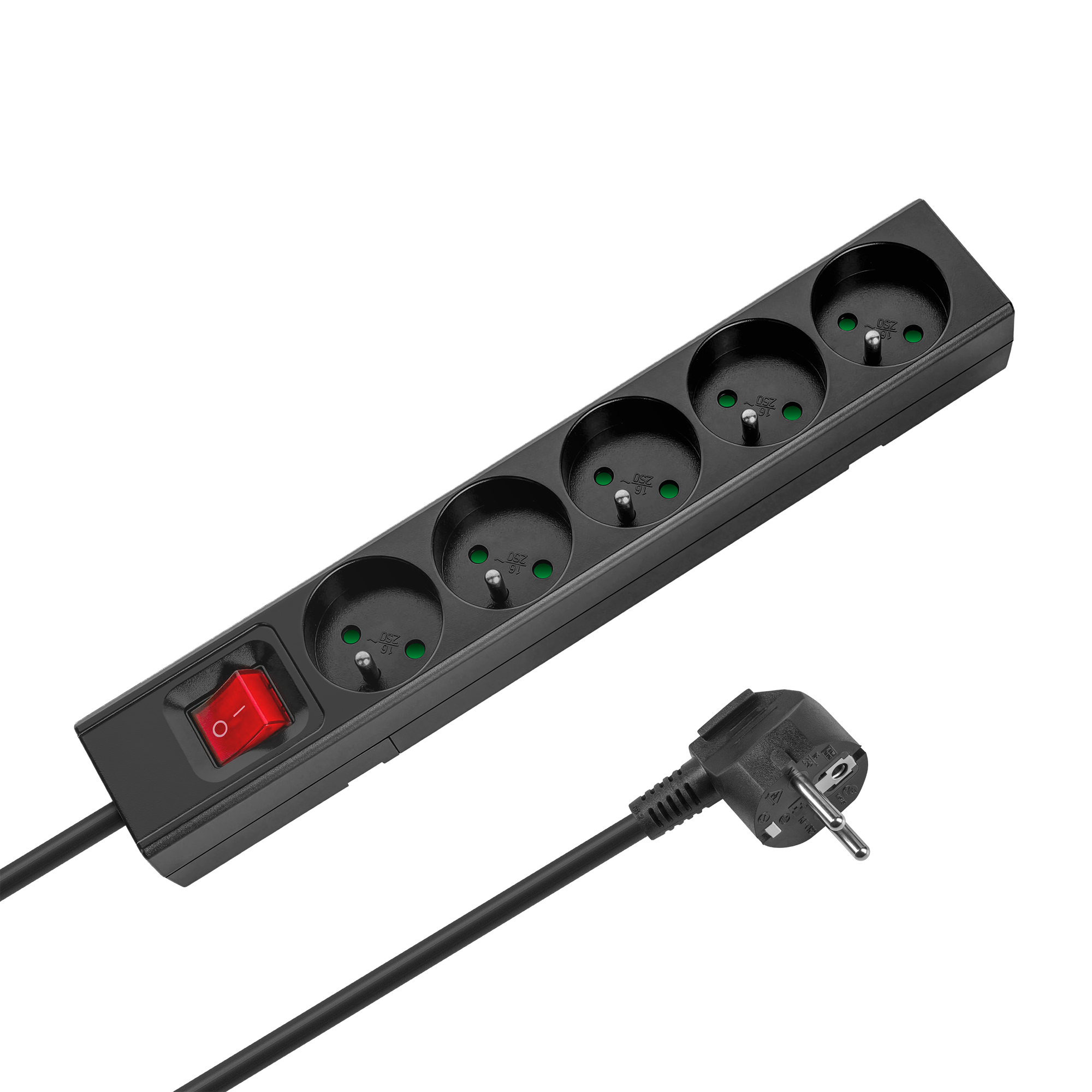 Rebel pagarinātājs, 5 franču tipa kontaktligzdas, 3 m, ar slēdzi, 3×1,5 mm, melns