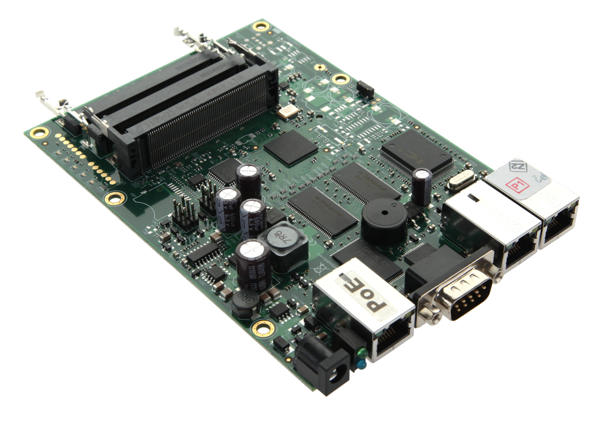 RouterBOARD RB433, 300 MHz procesors, 64 MB RAM, 3× LAN, 3× mPCI, RouterOS L4