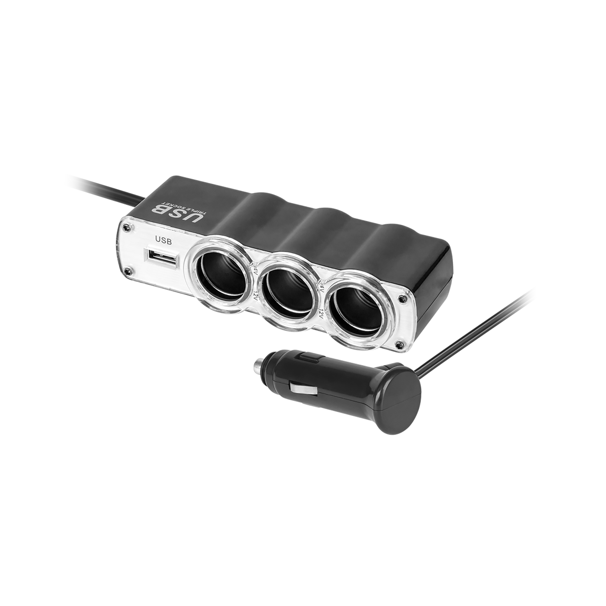 3 ligzdu automašīnas piesmēķētāja sadalītājs ar kabeli un USB