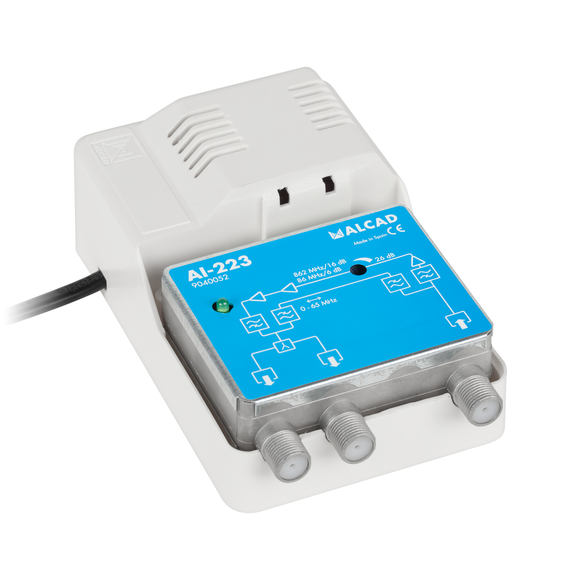 ALCAD AI-223 12 V iekštelpu CATV antenas pastiprinātājs, 65 MHz atgriezeniskais kanāls