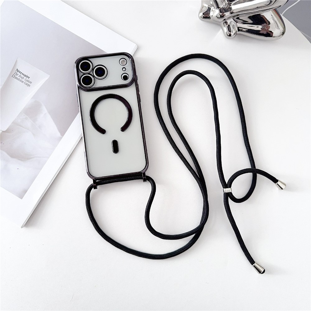 Melns ar MagSafe saderīgs TPU vāciņš iPhone 18 Pro / 17 Pro ar galvanisku pārklājumu un garu siksniņu