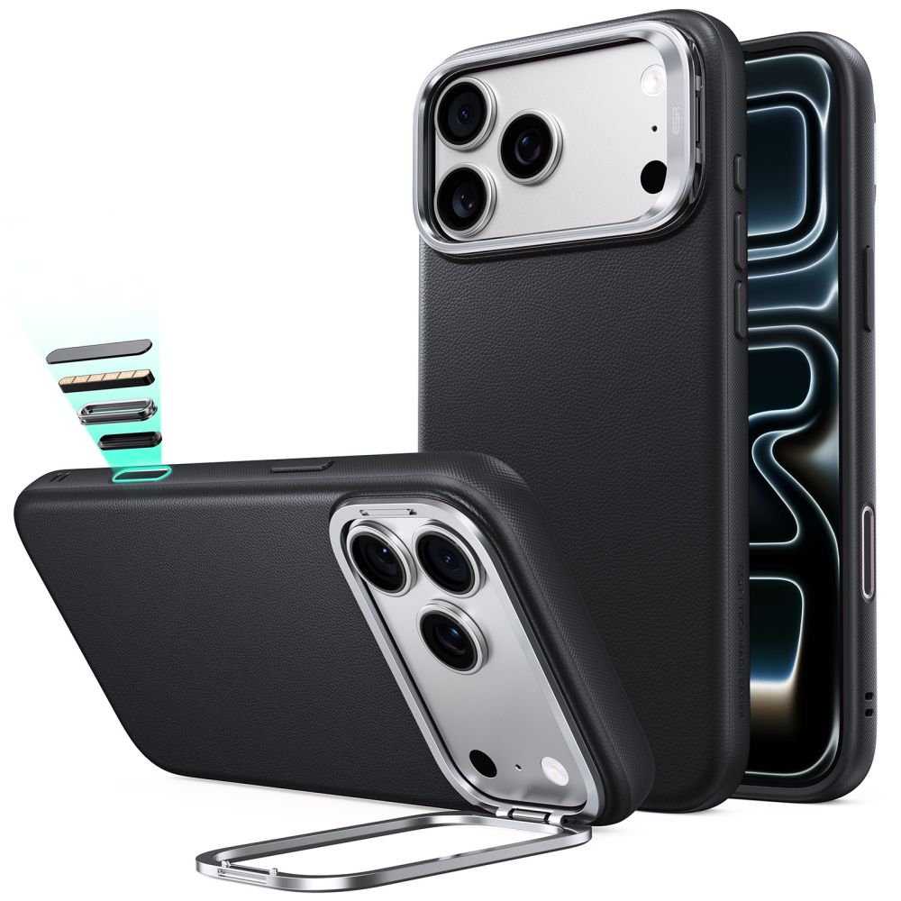 ESR Leather vāciņš modelim iPhone 18 Pro / 17 Pro, ar statīvu, saderīgs ar MagSafe – melns