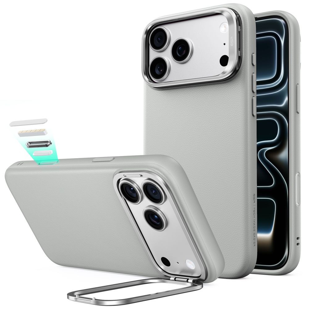 ESR Leather vāciņš modelim iPhone 18 Pro Max / 17 Pro Max, ar statīvu, saderīgs ar MagSafe – pelēks