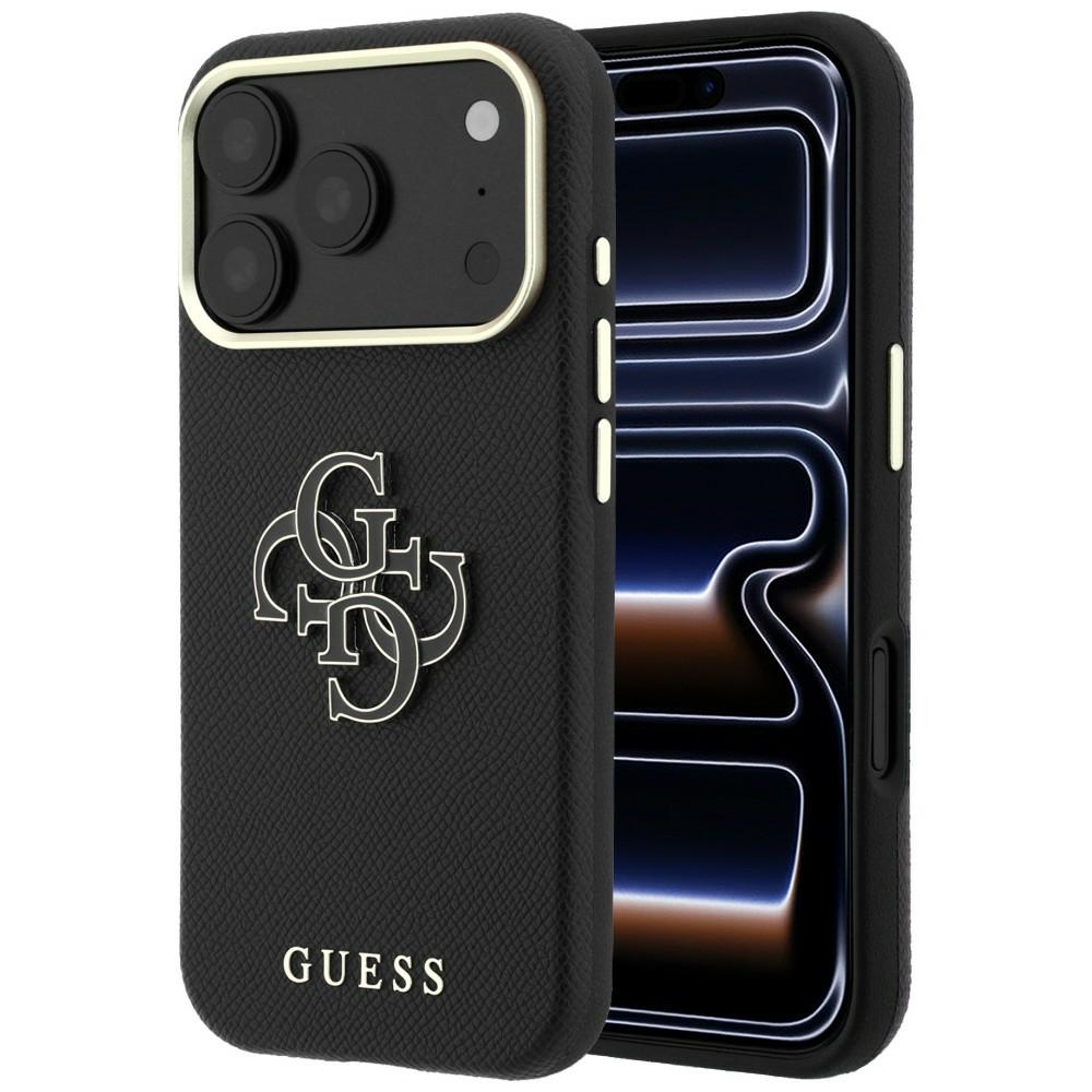 Guess Grained & Big Resin Logo vāciņš modelim iPhone 18 Pro / 17 Pro – melns